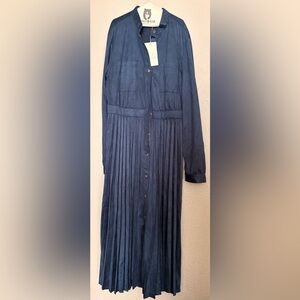 The Korner Navy Pleated Button-Up Dress